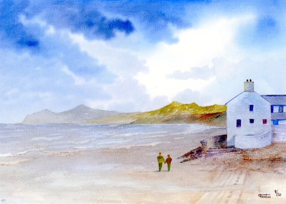Morfa Nefyn Beach, Hand finished and personalised very limited edition print on watercolour paper, couple on Nefyn beach unique art gift