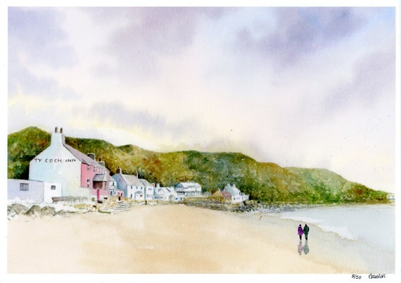 Ty Coch, Porthdinllaen, Hand finished and personalised very limited edition prints on watercolour paper, couple on beach, Morfa Nefyn, UK