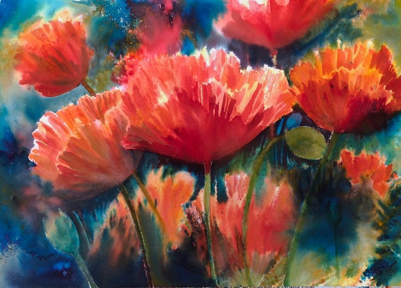 Original Watercolour Painting 'Sunlit Poppies', flowers, poppy, floral Modern Art, ideal unique gift