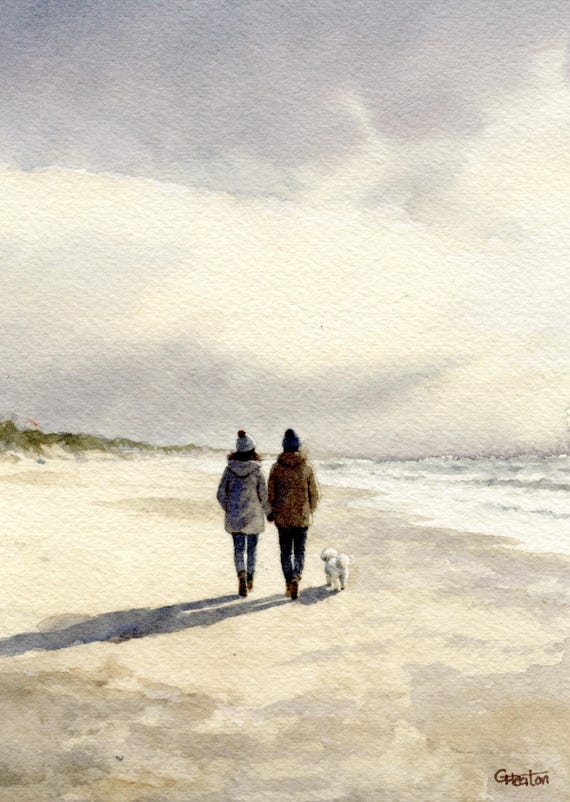 Original watercolour painting, couple and Bichon Frise dog on beach, bevel mounted hand painted unique art to fit 12 x 10 inch frame, art