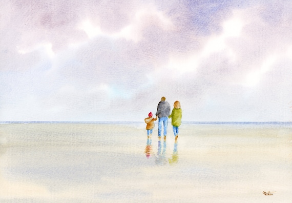 Original watercolour painting, 'Magic Moments' couple and child on beach, A4 size watercolor, original art direct from artist in England UK