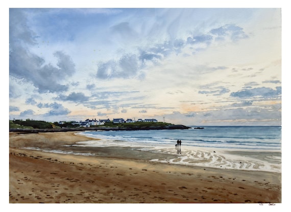 Trearddur Bay Hand finished Limited edition, mounted to fit a 20" x 16" frame, each one unique, Anglesey, Wales, watercolour Evening Glow