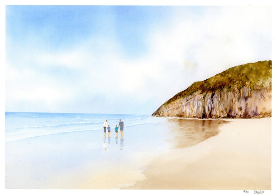 New for 2021 hand painted family on beach 'Pendine Sands', hand finished very limited edition print on watercolour paper
