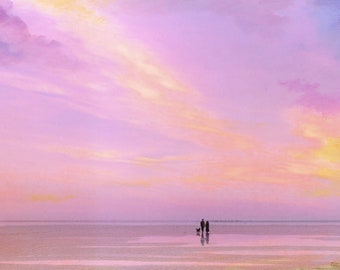 Original painting, 'Pink Sunset', romantic couple and dog on beach, A4 size watercolour and gouache art, unique gift direct from the artist