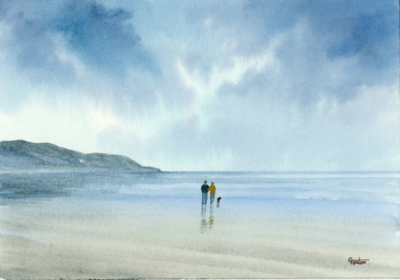 Original small watercolour beach painting, Poppit Sands beach, couple and dog in Pembrokeshire Wales, unique gift, stormy blues and greys