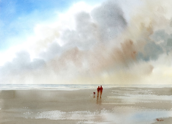 Original 16" x 12" watercolour painting, 'Passing Storm' couple and dog on beach, watercolor, romantic art gift, 100% cotton paper A3