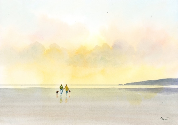 Original watercolour painting, couple and Boxer dogs on beach, A4 size watercolor, original art gift from the artist England UK. Boxers