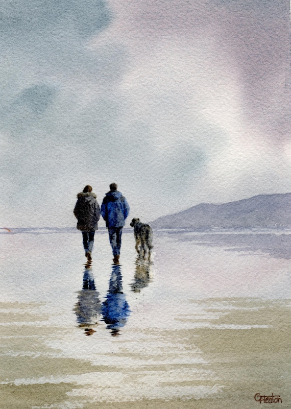 Original watercolour painting couple and Irish Wolfhound dog on beach, bevel mounted hand painted unique art to fit 12 x 10 inch frame