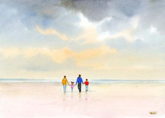 Original watercolour painting, 'Treasured Times' family on beach, A4 size 297mm x 214mm watercolor unique gift Dad, Mum, Kids, black family
