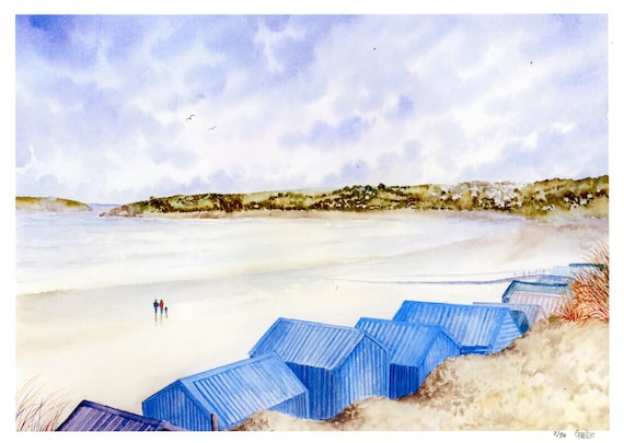 New for 2021 'Beach Huts, Abersoch', Hand finished and personalised very limited edition print on watercolour paper, hand painted art gift