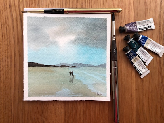 Couple and dog on stormy Anglesey beach. Square small original watercolour painting, hand painted delicate art watercolor gift, UK