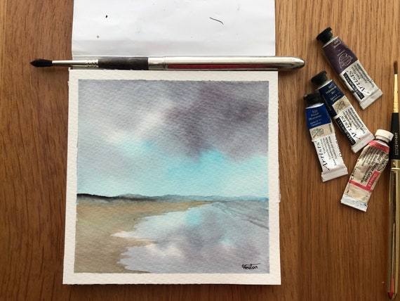 Traeth Cymyran, Anglesey. Square small original watercolour stormy beach painting, affordable hand painted delicate art watercolor gift, UK