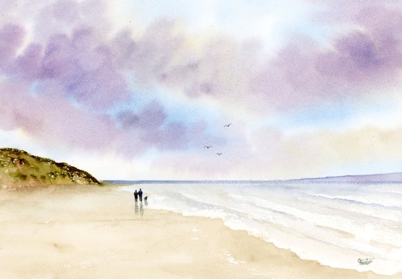 Original watercolour painting, Couple and dog on stormy Wirral beach, A4 size watercolor art direct from the artist in England, UK.