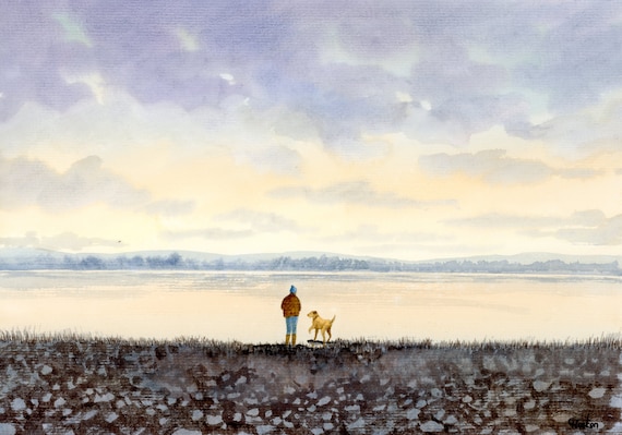 Original watercolour painting, 'Waiting For The Throw', Figure and dog A4 size watercolor, original art gift direct from the artist in UK