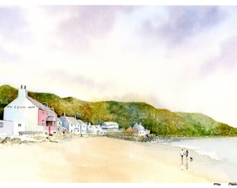 Ty Coch, Porthdinllaen, Hand finished and personalised very limited edition prints on watercolour paper, couple on beach, Morfa Nefyn, UK