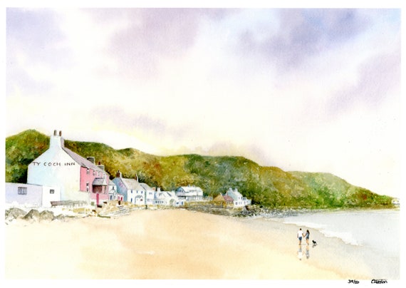 Ty Coch, Porthdinllaen, Hand finished and personalised very limited edition prints on watercolour paper, couple on beach, Morfa Nefyn, UK