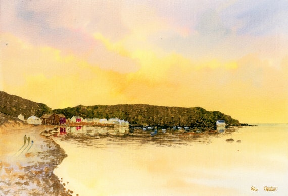 Porthdinllaen Sunset, Hand finished and personalised very limited edition print on watercolour paper, couple and dog on beach, Nefyn Ty Coch