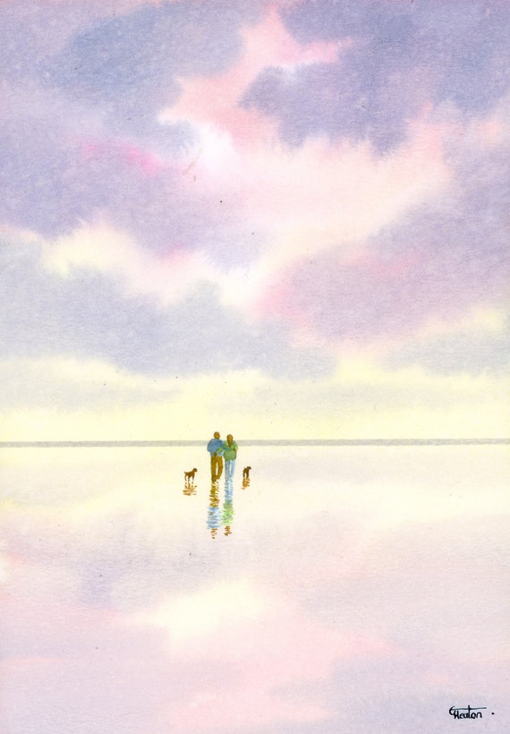 Original small watercolour beach painting, couple and dogs on sunset beach, pastel colours, romantic art, watercolor gift A5 Size, England