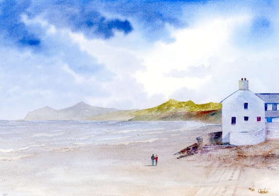 Morfa Nefyn Beach, Hand finished and personalised very limited edition print on watercolour paper, couple on beach unique art gift