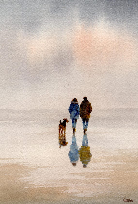 Original watercolour painting couple and Airedale dog on beach, bevel mounted hand painted unique art to fit 12 x 10 inch frame