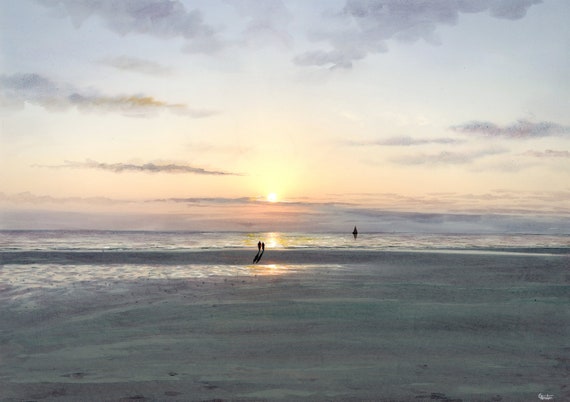 Large original watercolour beach painting, A2 size artwork of distant couple and yacht, romantic art 'Morning Shadows' direct from UK artist