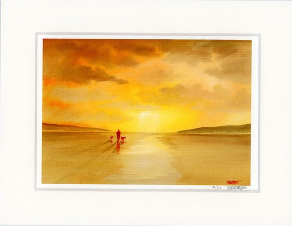 Mounted 9" x 7" Limited Edition Print on watercolour paper, figure and dogs on sunset beach. Only 50 available from an original painting