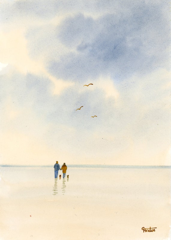 Original small watercolour beach painting, couple and little dogs on beach, hand painted watercolor gift A5 Size, UK artist beach watercolor