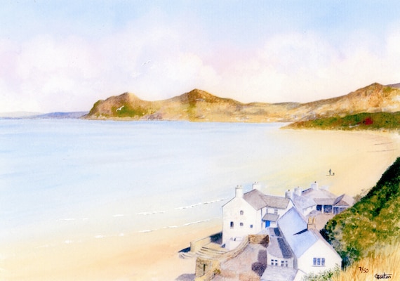 Morfa Nefyn Beach, Hand finished and personalised very limited edition print on watercolour paper, distant figure and dog hand painted