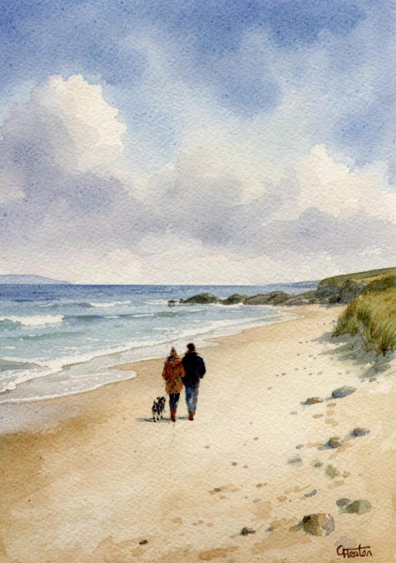 Original watercolour painting, couple and Miniature Schnauzer dog on beach, bevel mounted hand painted  art to fit 12 x 10 inch frame, art