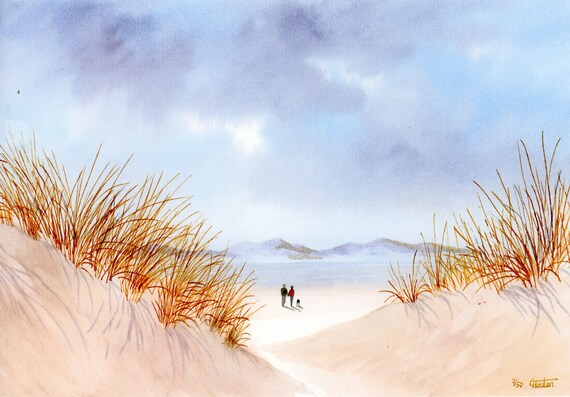 Newborough Beach, 'Through The Sand Dunes' Hand finished, personalised very limited edition print on watercolour paper, couple and dog beach