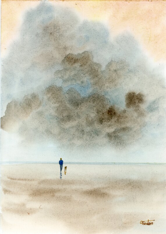 Original watercolour Sketch, figure and dog on beach, hand painted watercolor gift A5 Size, UK artist, storm painting 'Storm brewing' art