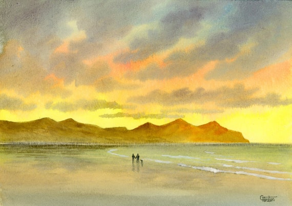 Original small watercolour beach painting, original art, couple and dog on sunset beach in Wales, gift for Valentine's Day or anniversary
