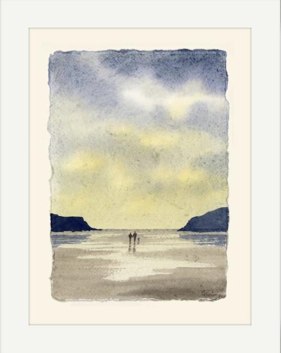 Original watercolour painting on handmade paper, couple and dog at Porth Dafarch, romantic beach art mounted to fit 12 x 10 inch frame