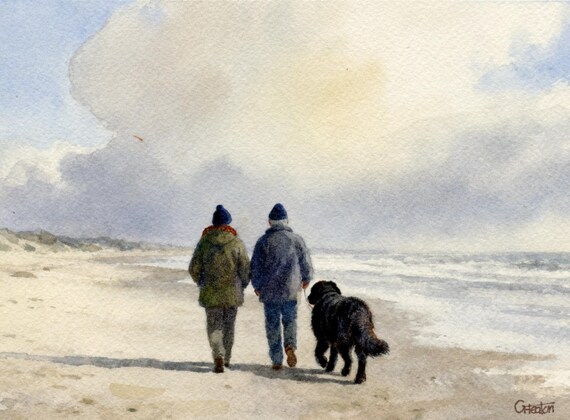 Original watercolour painting couple and Newfoundland dog on beach, bevel mounted hand painted unique art to fit 12 x 10 inch frame, gift