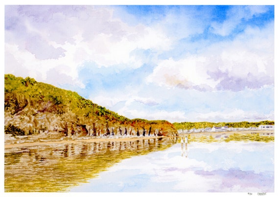 New for 2021 'Pendine Reflections', hand finished very limited edition print on watercolour paper, hand painted couple on beach, unique