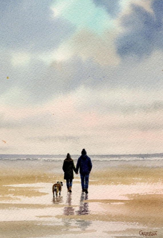 Original watercolour painting, couple and English Bulldog on beach, bevel mounted hand painted unique art to fit 12 x 10 inch frame, dog