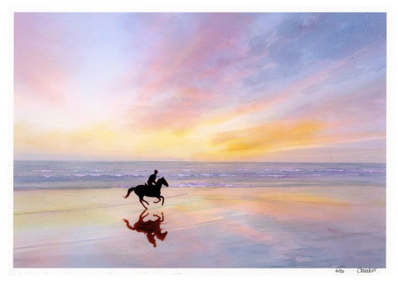 Horse rider on beach, 'Dark Horse' Very limited edition A4 mounted print from an original watercolour painting,  Sunset beach painting, pony