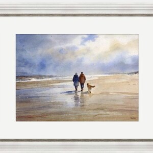 Original watercolour painting 'Golden Days' , couple and Golden Retriever dog on beach, A3 size art on 100% cotton Arches paper by G Heaton image 5