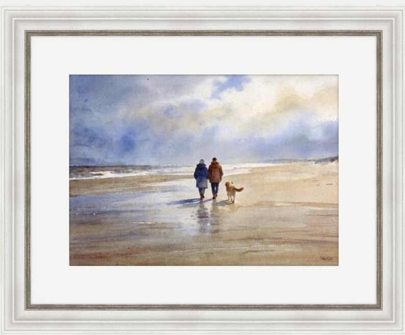 Original watercolour painting 'Golden Days' , couple and Golden Retriever dog on beach, A3 size art on 100% cotton Arches paper by G Heaton image 5