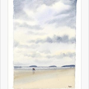 Abersoch Dipinto originale ad acquerello su carta fatta a mano con bordi frastagliati, coppia e cane sulla spiaggia, montato su cornice da 16 x 12 pollici di G. Heaton