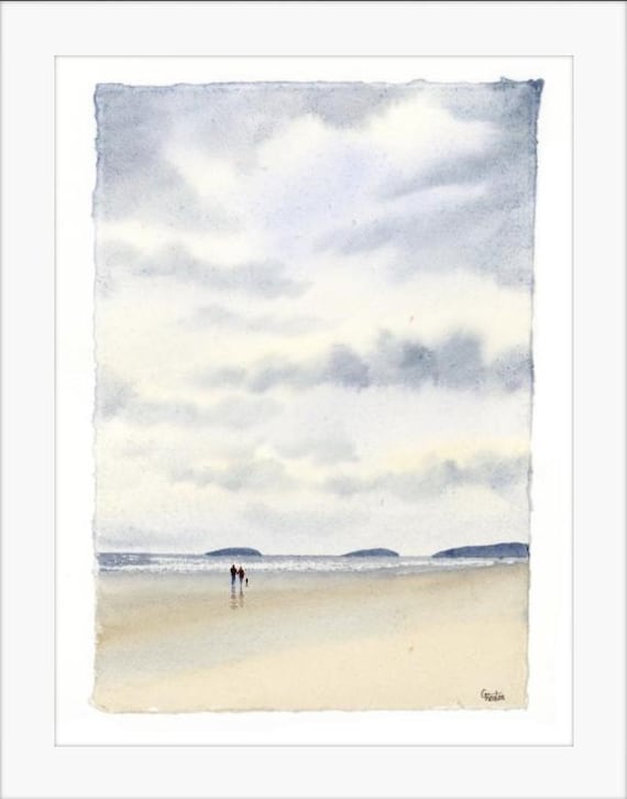 Abersoch Original watercolour painting on handmade deckle edged paper, couple & dog on beach, mounted to fit 16 x 12 inch frame by G. Heaton