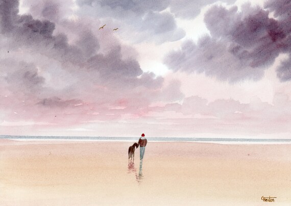 Original watercolour painting, Figure and Great Dane dog beach A4 size watercolor, original art gift direct from the artist in England UK