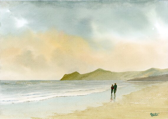Original watercolour painting, Nefyn Morning, couple on beach, A4 size watercolor, art gift, Morfa Nefyn Wales, engagement or wedding gift