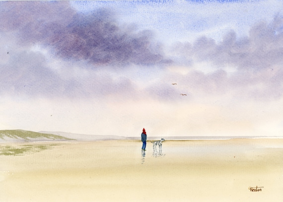 Original watercolour painting, Dalmation dog on stormy beach A4 size watercolor, original art gift direct from the artist in England UK
