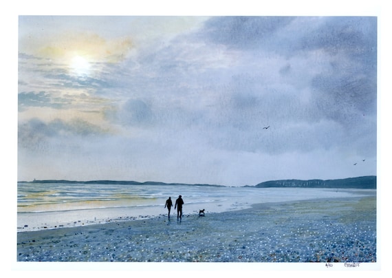 A4 size limited edition print 'Late Afternoon Walk', couple and dog on beach from an original watercolour painting, direct from UK artist