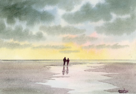 Original small watercolour beach painting, original romantic art, couple on sunset beach, affordable hand painted watercolor gift A5 Size
