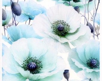 Limited edition print 'Ice Blue Poppies', from an original watercolour painting, choice of sizes from UK artist