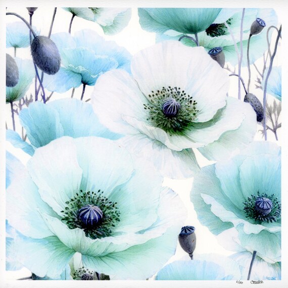 Limited edition print 'Ice Blue Poppies', from an original watercolour painting, choice of sizes from UK artist