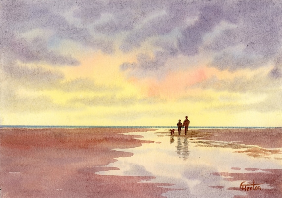 Original small watercolour beach painting, original romantic art, couple and dog on sunset beach, hand painted watercolor gift A5 Size