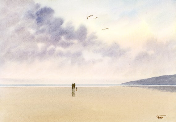 Original watercolour painting, couple and dog on stormy beach A4 size watercolor, original art gift direct from the artist in England UK